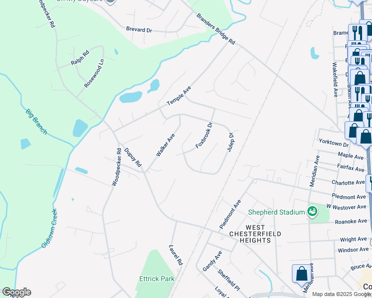 map of restaurants, bars, coffee shops, grocery stores, and more near 19510 Foxbrook Drive in Ettrick