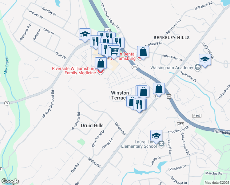 map of restaurants, bars, coffee shops, grocery stores, and more near 137 Winston Drive in Williamsburg
