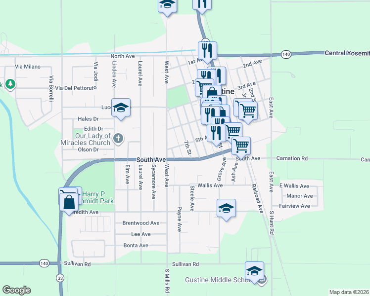 map of restaurants, bars, coffee shops, grocery stores, and more near 712 5th Avenue in Gustine