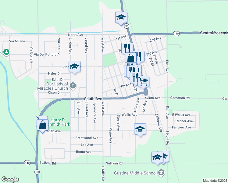 map of restaurants, bars, coffee shops, grocery stores, and more near 712 5th Avenue in Gustine