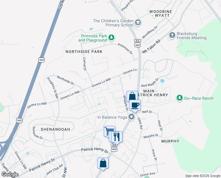 map of restaurants, bars, coffee shops, grocery stores, and more near 1712 Aden Lane in Blacksburg