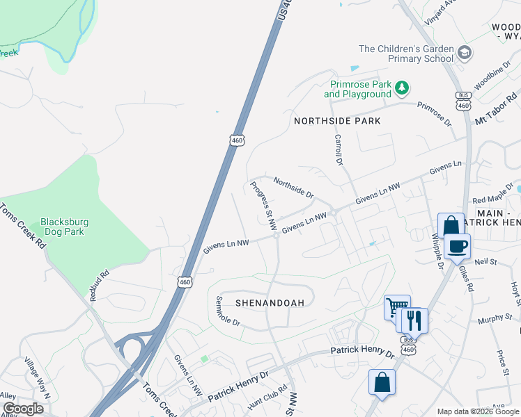 map of restaurants, bars, coffee shops, grocery stores, and more near 2035 Northside Drive in Blacksburg
