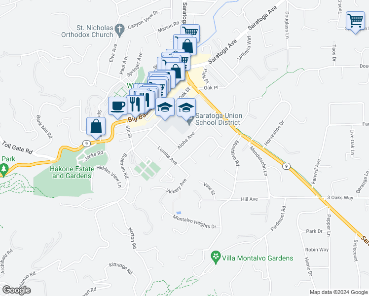 map of restaurants, bars, coffee shops, grocery stores, and more near 14746 Aloha Avenue in Saratoga