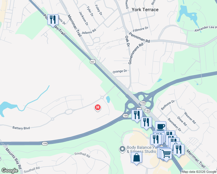 map of restaurants, bars, coffee shops, grocery stores, and more near 7337 Pocahontas Trail in Williamsburg