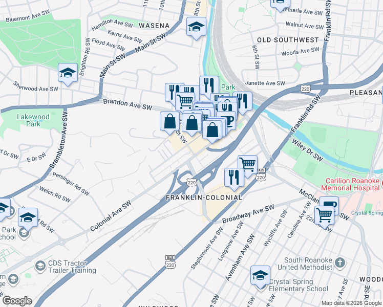 map of restaurants, bars, coffee shops, grocery stores, and more near 2231 Colonial Avenue Southwest in Roanoke
