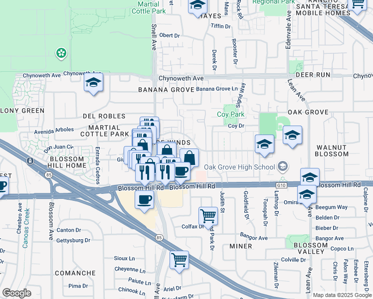 map of restaurants, bars, coffee shops, grocery stores, and more near 310 Tradewinds Drive in San Jose
