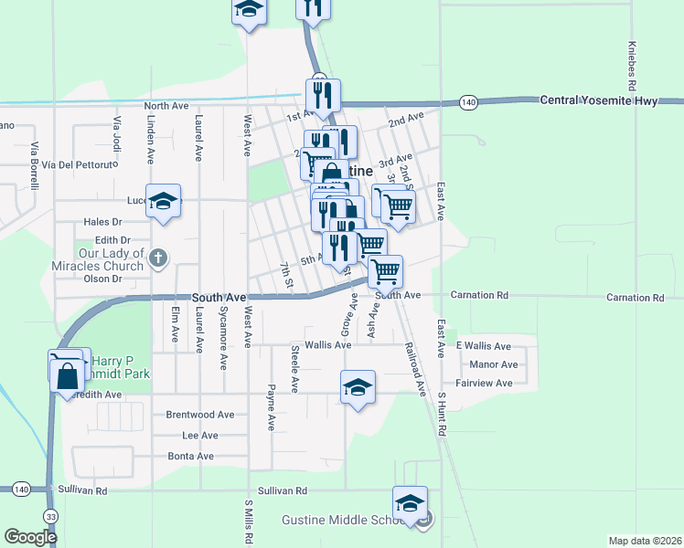 map of restaurants, bars, coffee shops, grocery stores, and more near 583 5th Street in Gustine