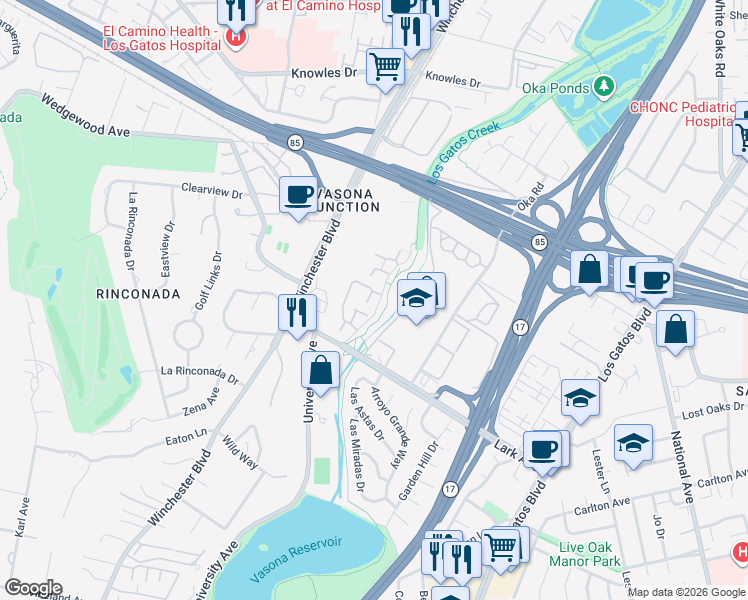 map of restaurants, bars, coffee shops, grocery stores, and more near 104 Walnut Hill Court in Los Gatos