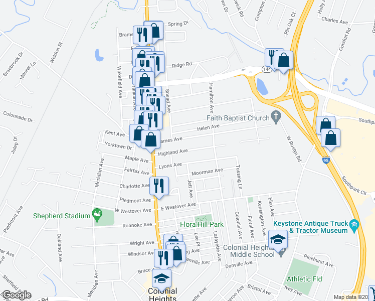 map of restaurants, bars, coffee shops, grocery stores, and more near 220 Highland Avenue in Colonial Heights