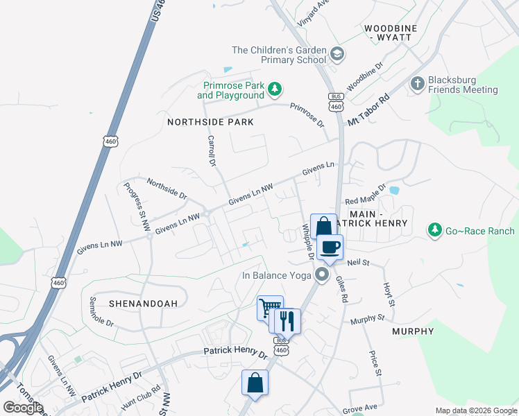 map of restaurants, bars, coffee shops, grocery stores, and more near 1712 Aden Lane in Blacksburg