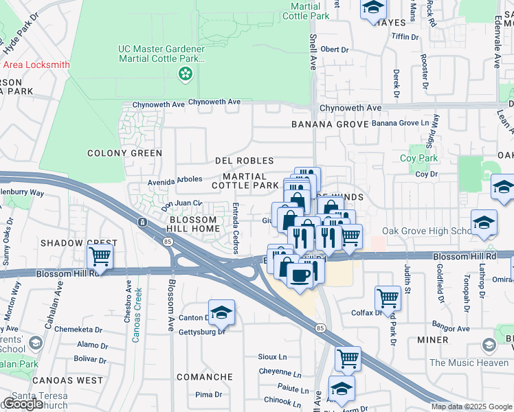 map of restaurants, bars, coffee shops, grocery stores, and more near 561 Giuffrida Avenue in San Jose