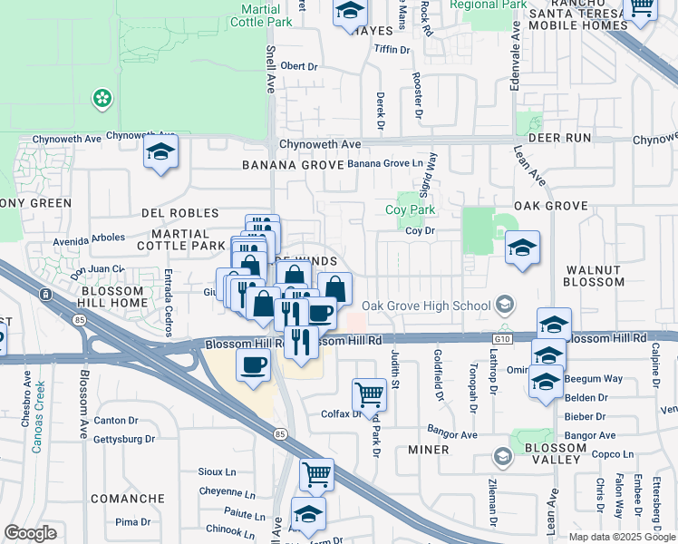 map of restaurants, bars, coffee shops, grocery stores, and more near 308 Tradewinds Drive in San Jose
