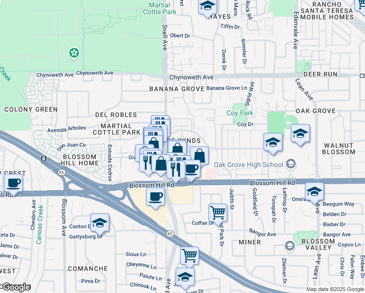 map of restaurants, bars, coffee shops, grocery stores, and more near 5524 Sean Circle in San Jose