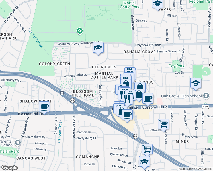 map of restaurants, bars, coffee shops, grocery stores, and more near 561 Giuffrida Avenue in San Jose