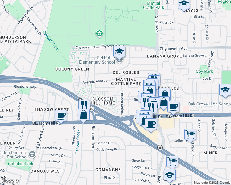 map of restaurants, bars, coffee shops, grocery stores, and more near 5475 Entrada Cedros in San Jose