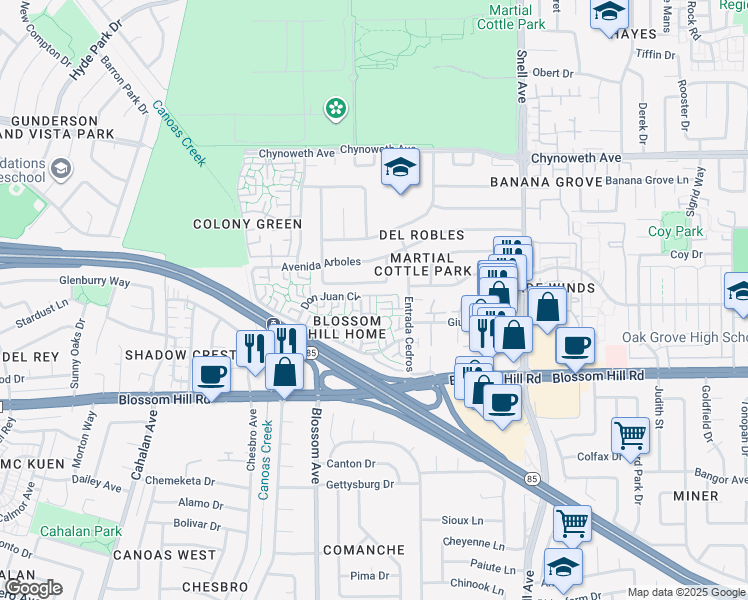 map of restaurants, bars, coffee shops, grocery stores, and more near 5472 Don Andres Way in San Jose