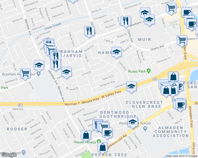 map of restaurants, bars, coffee shops, grocery stores, and more near 1411 Santa Fe Drive in San Jose