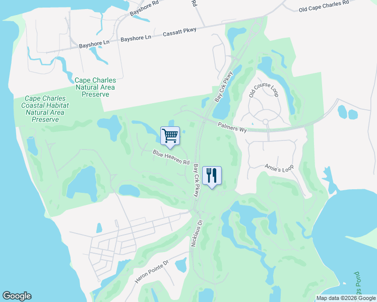 map of restaurants, bars, coffee shops, grocery stores, and more near 8 Burford Court in Cape Charles