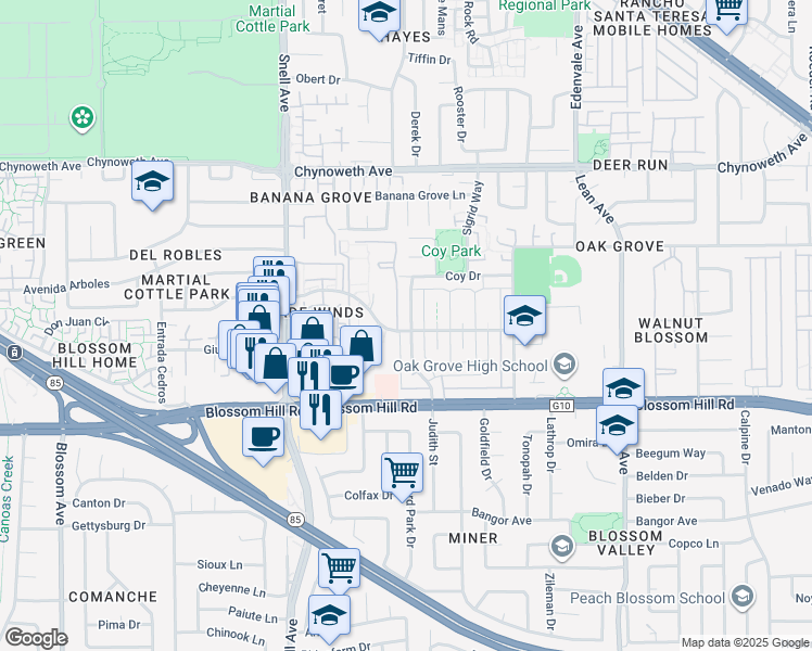 map of restaurants, bars, coffee shops, grocery stores, and more near 5497 Judith Street in San Jose