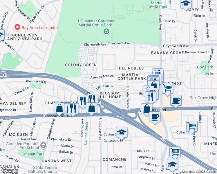 map of restaurants, bars, coffee shops, grocery stores, and more near 5482 Don Marcello Court in San Jose