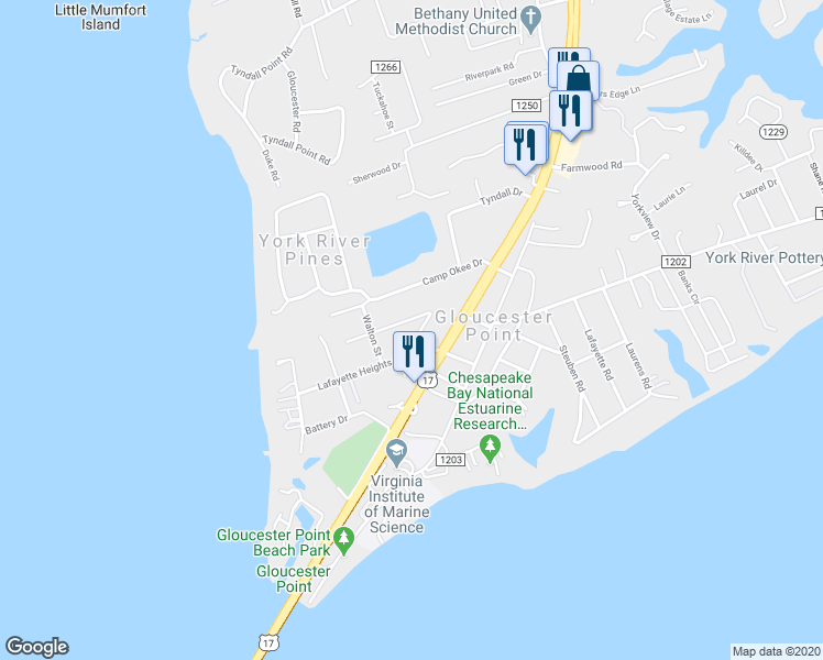 map of restaurants, bars, coffee shops, grocery stores, and more near 1494 Newmoor Drive in Gloucester Point