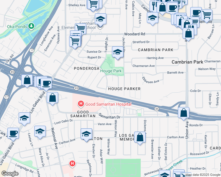 map of restaurants, bars, coffee shops, grocery stores, and more near 4177 Haven Court in San Jose