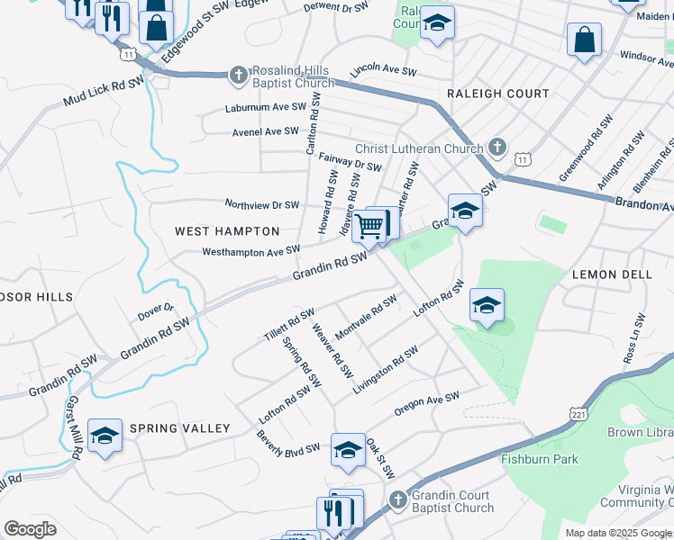 map of restaurants, bars, coffee shops, grocery stores, and more near 2440 Grandin Road Southwest in Roanoke