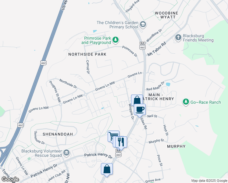 map of restaurants, bars, coffee shops, grocery stores, and more near 1712 Aden Lane in Blacksburg