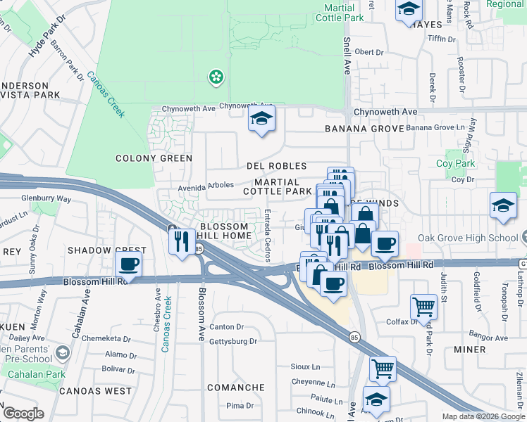map of restaurants, bars, coffee shops, grocery stores, and more near 5475 Entrada Cedros in San Jose
