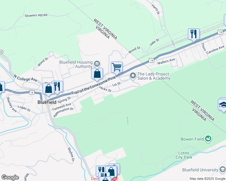 map of restaurants, bars, coffee shops, grocery stores, and more near 115 Hicks Street in Bluefield