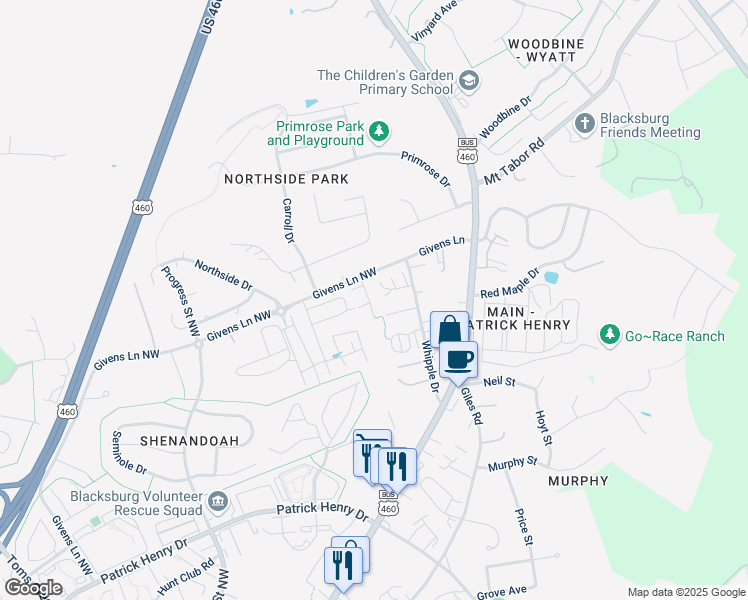 map of restaurants, bars, coffee shops, grocery stores, and more near 1712 Aden Lane in Blacksburg