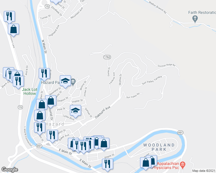 map of restaurants, bars, coffee shops, grocery stores, and more near 133 Daniel Drive in Hazard