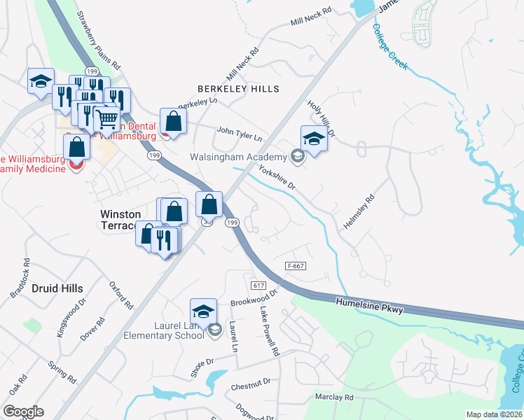 map of restaurants, bars, coffee shops, grocery stores, and more near 1184 Jamestown Road in Williamsburg