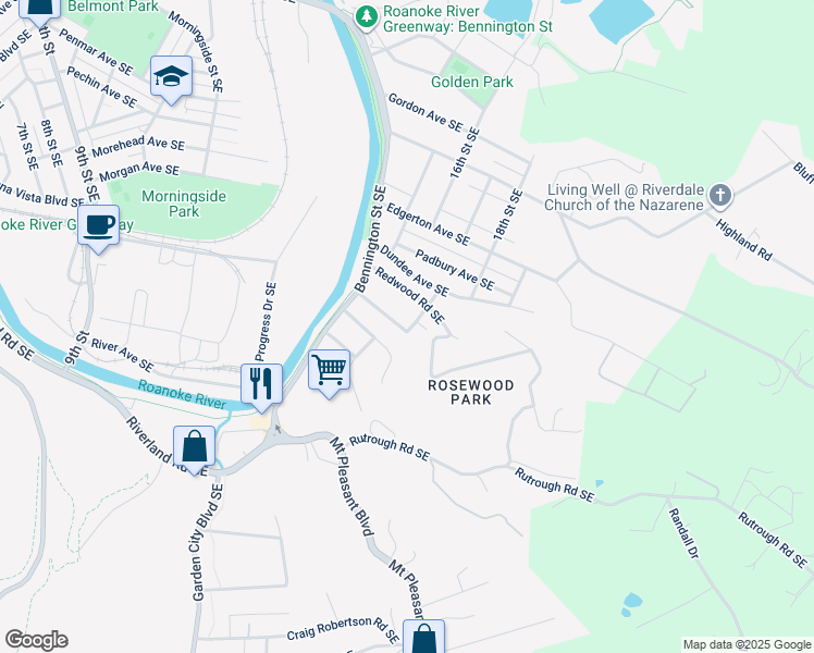 map of restaurants, bars, coffee shops, grocery stores, and more near 1630 Riverside Terrace Southeast in Roanoke