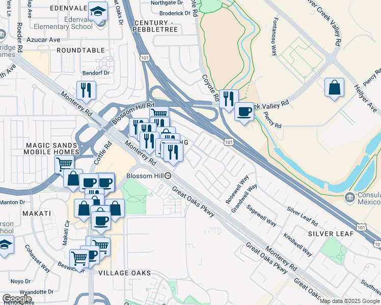 map of restaurants, bars, coffee shops, grocery stores, and more near 5560 Sun Spring Circle in San Jose