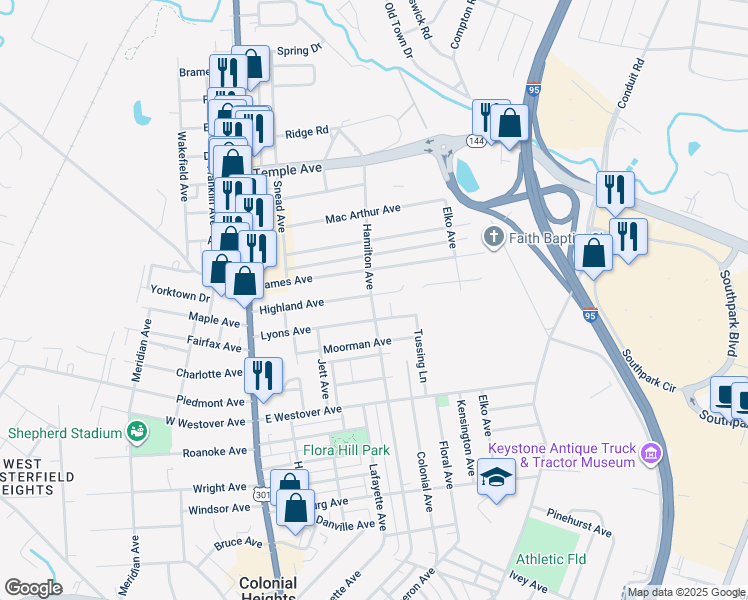 map of restaurants, bars, coffee shops, grocery stores, and more near 501 Highland Avenue in Colonial Heights