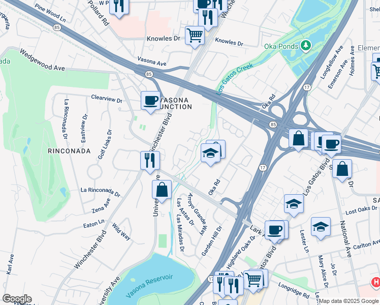 map of restaurants, bars, coffee shops, grocery stores, and more near 100 Walnut Hill Court in Los Gatos