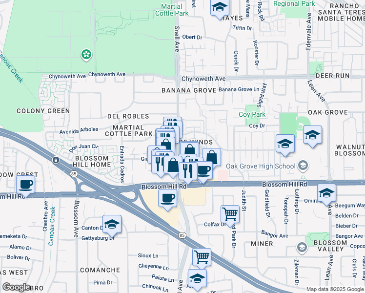 map of restaurants, bars, coffee shops, grocery stores, and more near 5524 Sean Circle in San Jose