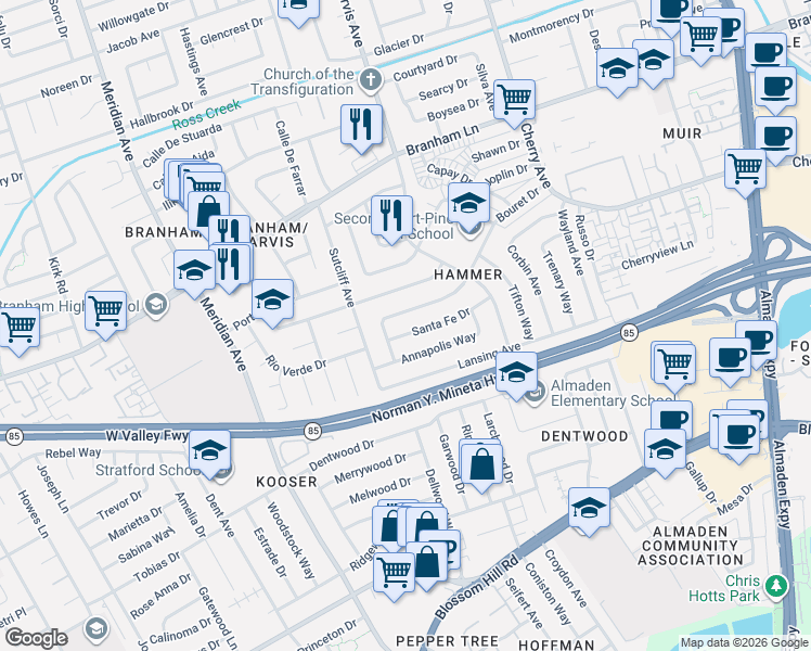 map of restaurants, bars, coffee shops, grocery stores, and more near 1411 Santa Fe Drive in San Jose
