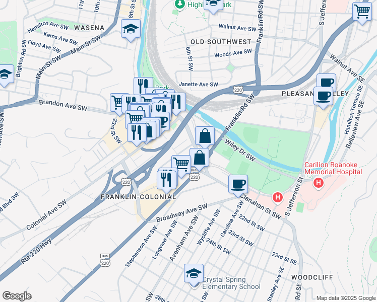 map of restaurants, bars, coffee shops, grocery stores, and more near 2024 Winston Avenue Southwest in Roanoke