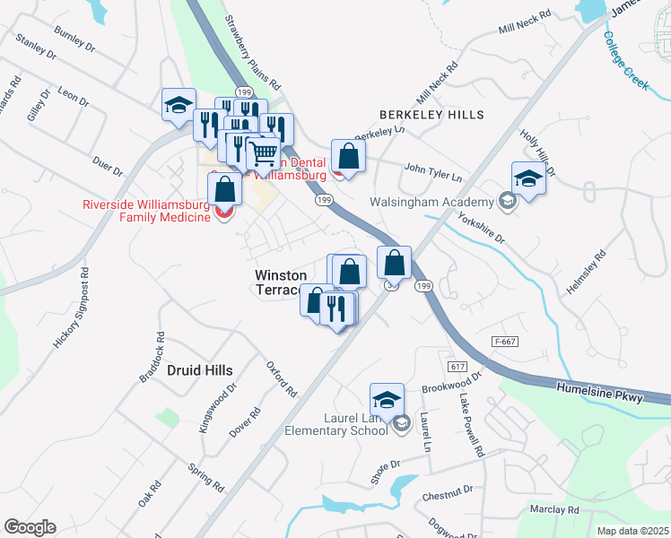 map of restaurants, bars, coffee shops, grocery stores, and more near 105 Kathryn Court in Williamsburg