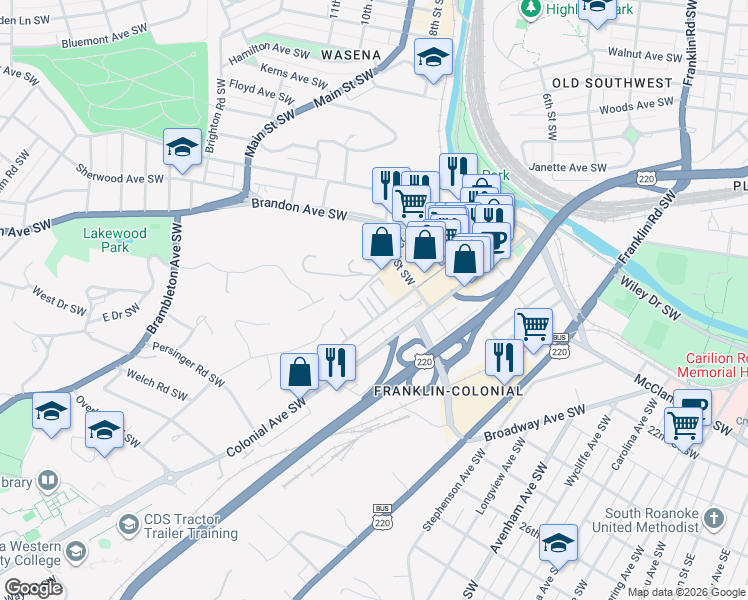 map of restaurants, bars, coffee shops, grocery stores, and more near 2401 Winthrop Avenue Southwest in Roanoke