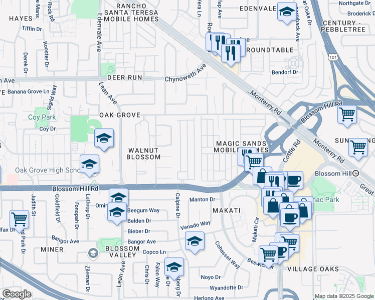 map of restaurants, bars, coffee shops, grocery stores, and more near 195 Blossom Hill Road in San Jose