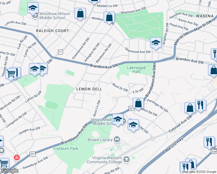 map of restaurants, bars, coffee shops, grocery stores, and more near 2206 Dogwood Lane Southwest in Roanoke