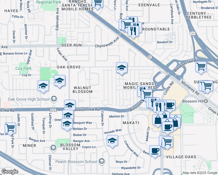 map of restaurants, bars, coffee shops, grocery stores, and more near 195 Blossom Hill Road in San Jose