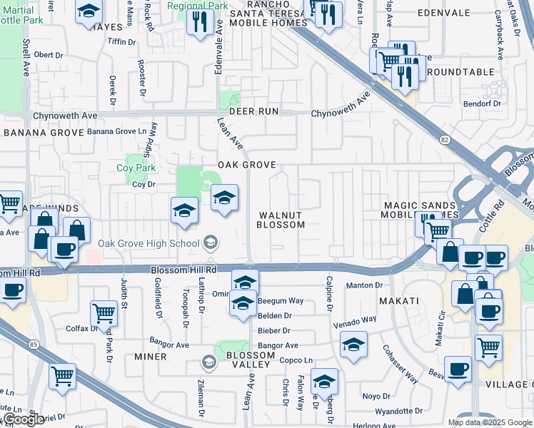 map of restaurants, bars, coffee shops, grocery stores, and more near 5462 Blossom Gardens Circle in San Jose