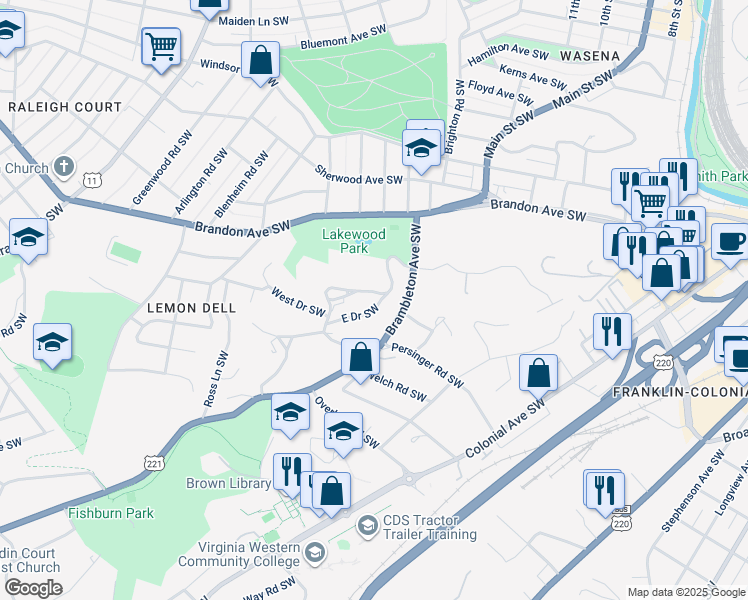 map of restaurants, bars, coffee shops, grocery stores, and more near 1310 Lakewood Drive Southwest in Roanoke