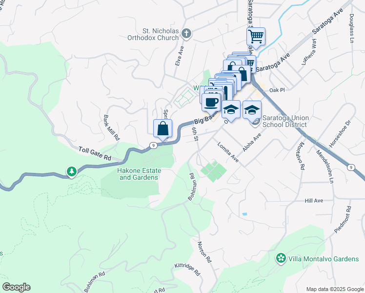 map of restaurants, bars, coffee shops, grocery stores, and more near 20824 Pamela Way in Saratoga
