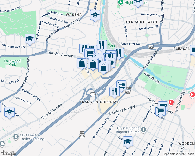 map of restaurants, bars, coffee shops, grocery stores, and more near 2231 Colonial Avenue Southwest in Roanoke