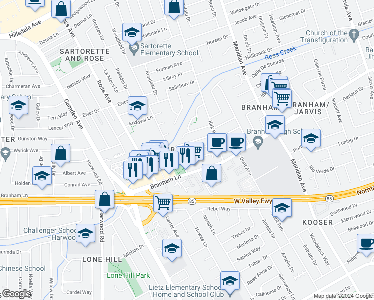 map of restaurants, bars, coffee shops, grocery stores, and more near 1677 Klipspringer Drive in San Jose